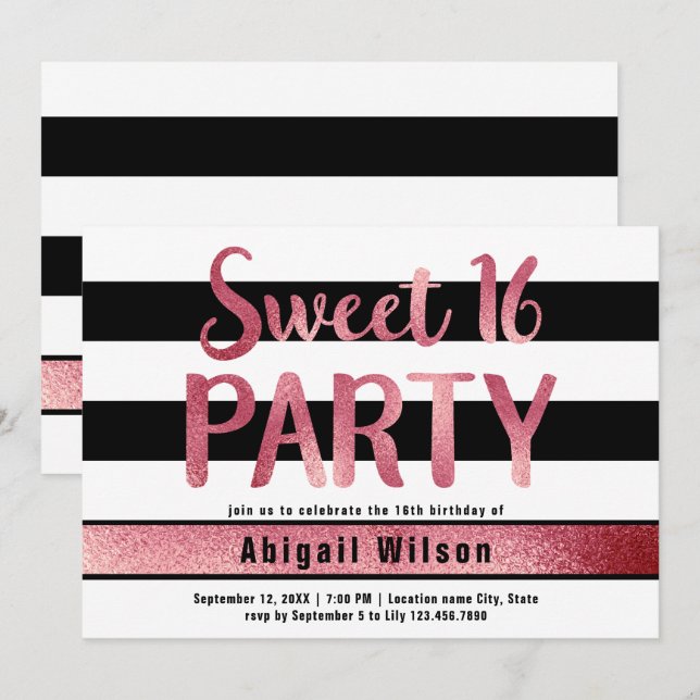 Invitation Rose or noir blanc sweet sixteen anniversaire (Devant / Derrière)