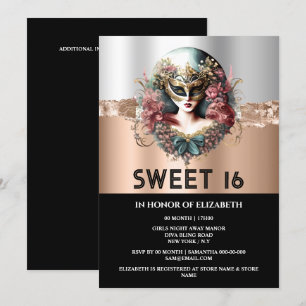 Invitation Rose or noir doux 16 filles mascarade masque