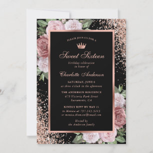 Invitation Rose Or noir rose Floral Sweet 16 Anniversaire