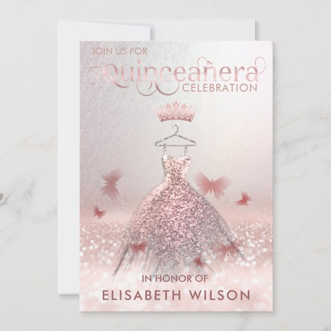 Invitation Rose or ombre papillon tiara Quinceañera Invit (Devant)