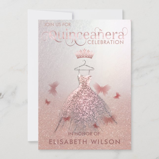 Invitation Rose or ombre papillon tiara Quinceañera Invit (Devant)