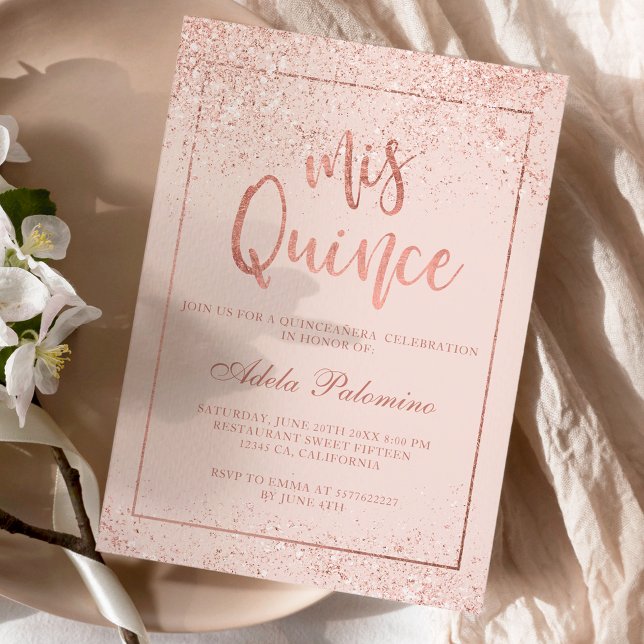 Invitation Rose or parties scintillant cadre script blush Qui (Créateur téléchargé)