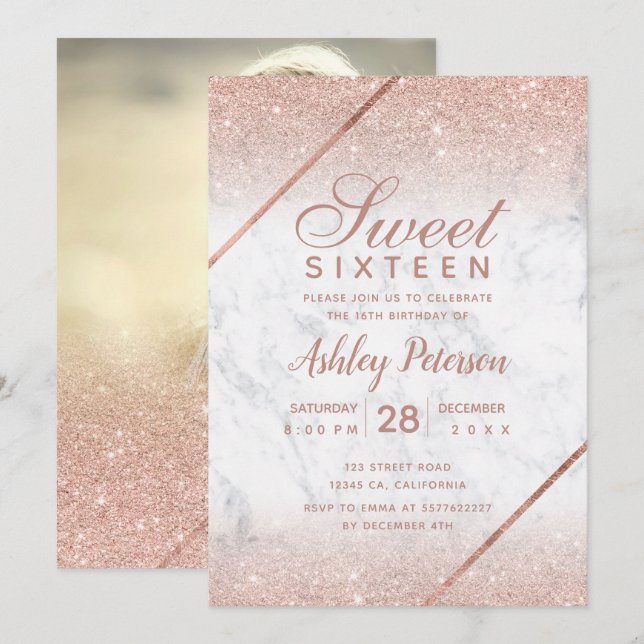 Invitation Rose or parties scintillant script photo marbre Sw (Devant / Derrière)