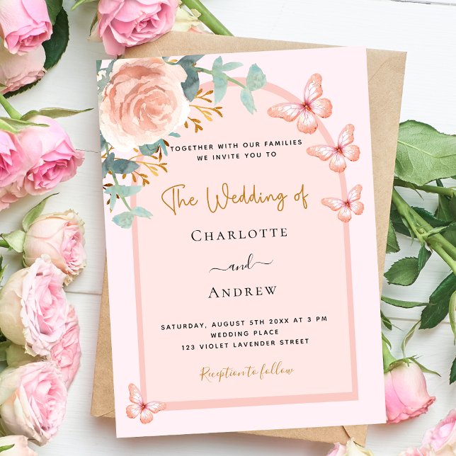 Invitation Rose or pêche arc fleurie luxe mariage (Créateur téléchargé)