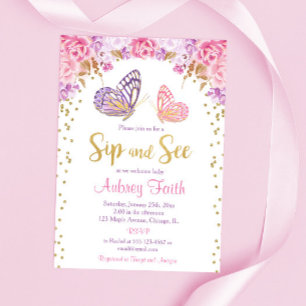 Invitation Rose or pourpre papillon sip et voir bébé fille