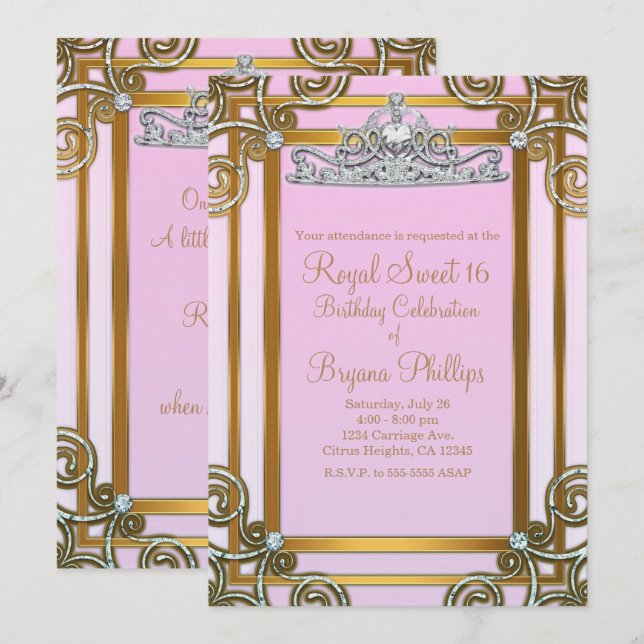 Invitation Rose & Or Princesse Crown Tiara Sweet 16 Party (Devant / Derrière)