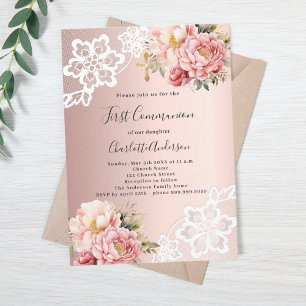 Invitation Rose or rose fleurons dentelle fille Première comm