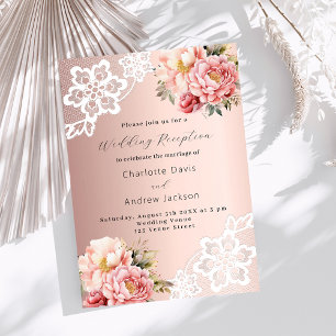 Invitation Rose or rose floral dentelle réception de mariage