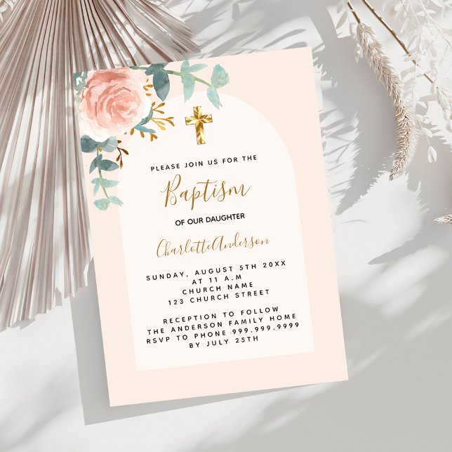 Invitation Rose or rose floral fille croiser Baptême (Créateur téléchargé)