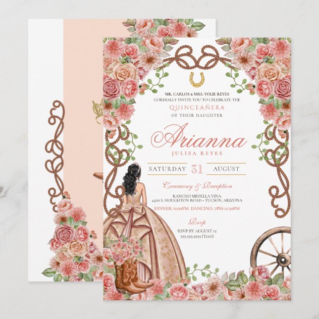 Invitation Rose or rose Floral Ouest Charro Quinceanera (Devant / Derrière)