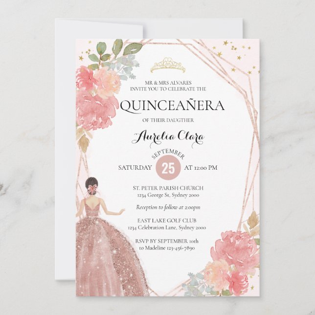 Invitation Rose or rose floral photo géométrique Quinceañera (Devant)