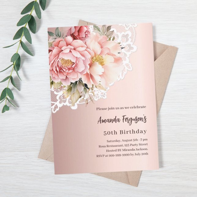 Invitation Rose or rose florale dentelle 50e anniversaire (Créateur téléchargé)