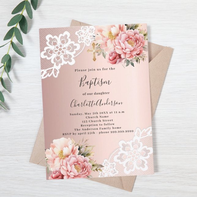 Invitation Rose or rose florales dentelle Baptême (Créateur téléchargé)