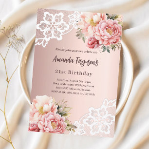 Invitation Rose or rose floraux dentelle élégant anniversaire