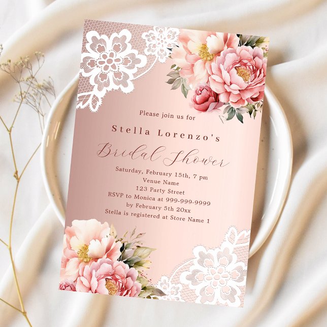 Invitation Rose or rose floraux rose dentelle Douche nuptiale (Créateur téléchargé)