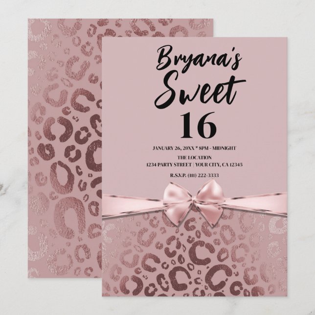 Invitation Rose or rose glam Empreinte de léopard Sweet 16 (Devant / Derrière)
