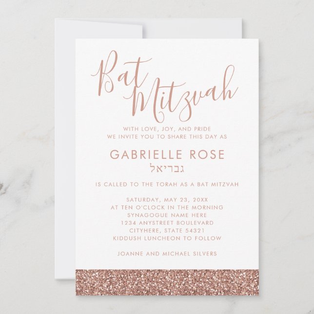 Invitation Rose or rose Parties scintillant chic minimaliste  (Devant)