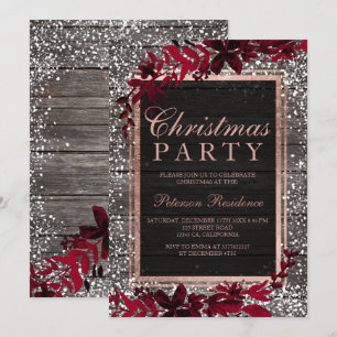 Invitation Rose or script feuille rouge neige bois Noël