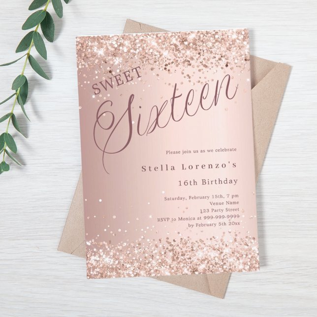 Invitation Rose or script parties scintillant Sweet 16 (Créateur téléchargé)