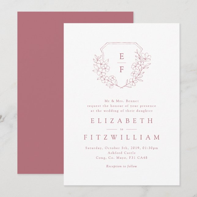 Invitation Rose Or simple cerisier Blossom Monogram Crest (Devant / Derrière)