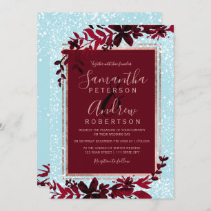 Invitation Rose or typographie feuille rouge neige bleu maria