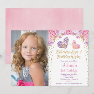 Invitation Rose or violet élégant papillon photo anniversaire