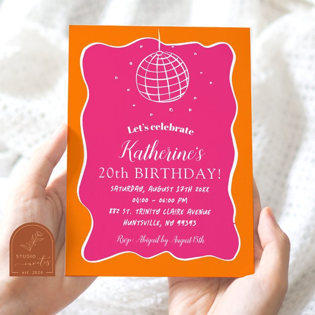 Invitation Rose Orange Illustré Disco Ball Adulte Anniversair (Créateur téléchargé)