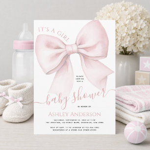 Invitation Rose pâle à nœud C'est une fille Baby Shower