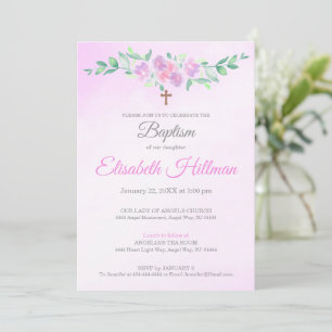 Invitation Rose Pâle Aquarelle Ombré Croix Baptême Élégant