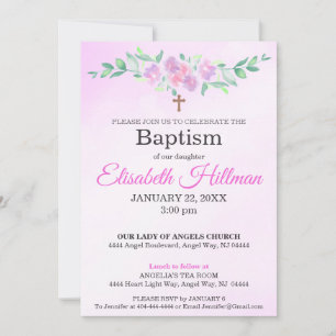 Invitation Rose Pâle Aquarelle Ombré Croix Baptême Floral