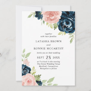 Invitation Rose Pâle Bleu Marine Floral Tout En Un Mariage