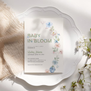 Invitation Rose Pâle Bleu Printemps Bébé en Fleur Baby Shower