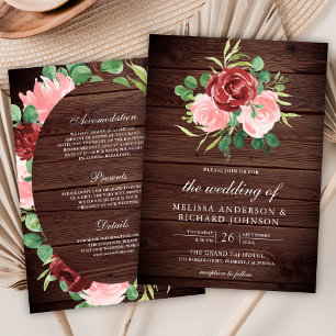 Invitation Rose Pâle Bourgogne Floral Combinaison Unique Bois