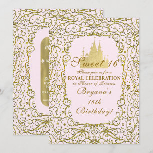 Invitation Rose Pâle & Château Royal Doré Princesse Douce 16
