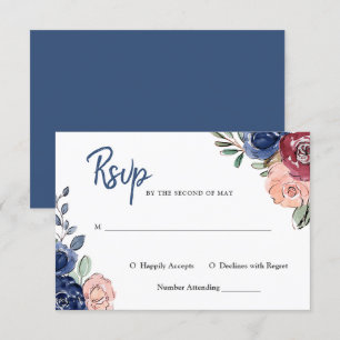 Invitation Rose Pâle et Floral Aquarelle Navy   Mariage