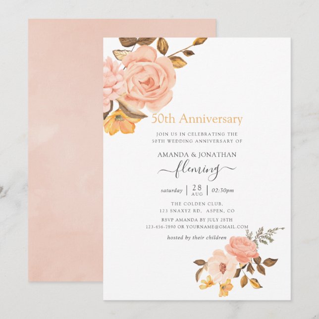 Invitation Rose Pâle et Floral Doré 50e Anniversaire de Maria (Devant / Derrière)