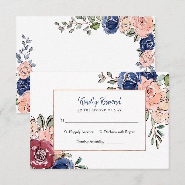 Invitation Rose Pâle et Géométrique Floral Navy | Mariage (Devant / Derrière)