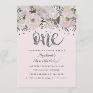 Invitation Rose Pâle Fleur Argent Floral Premier Anniversaire