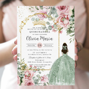 Invitation Rose Pâle Floral Vert Sauge Quinceañera Douce 16