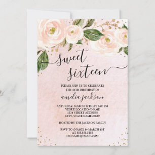Invitation Rose Pâle Florale Dorée pour un Sweet S