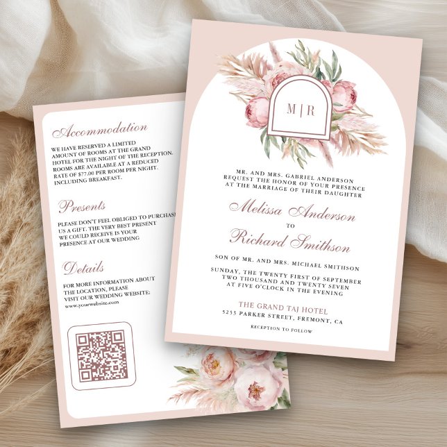 Invitation Rose Pâle Florale Pampas Code QR Mariage Poussiére (Créateur téléchargé)