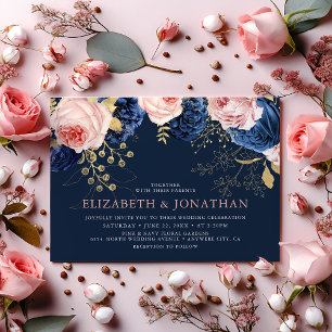 Invitation Rose Pâle & Florales Navy de Minuit Mariage Élégan