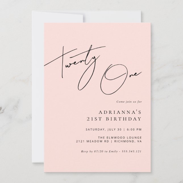 Invitation Rose pâle | Modern Script Girly 21e anniversaire (Devant)