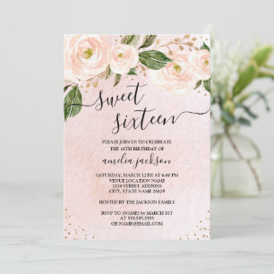 Invitation Rose Pâle Or Floral Sweet Seize Ans 