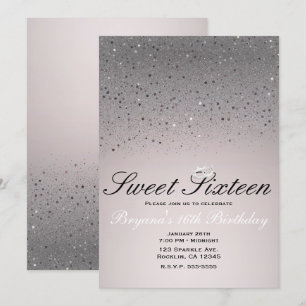 Invitation Rose Pâle Pailleté Glitter Couronne Fête Douce 16