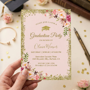 Invitation Rose Pâle Paillettes Dorées Floral Photo Remise de