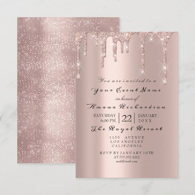 Invitation Rose Pâle Poudre Pailletée Métallisée Diamant (Devant / Derrière)