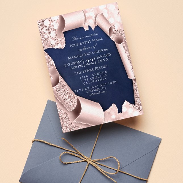 Invitation Rose Pâle Poudre Pastel 3D Cadre Bleu Nuit (Créateur téléchargé)