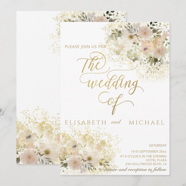 Invitation Rose pâle romantique floral calligraphie dorée (Devant / Derrière)