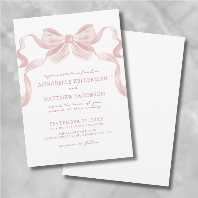 Invitation Rose Pâle Ruban Fantaisiste Élégant Mariage (Blush Pink Whimsical Bow Elegant Wedding Invitation)